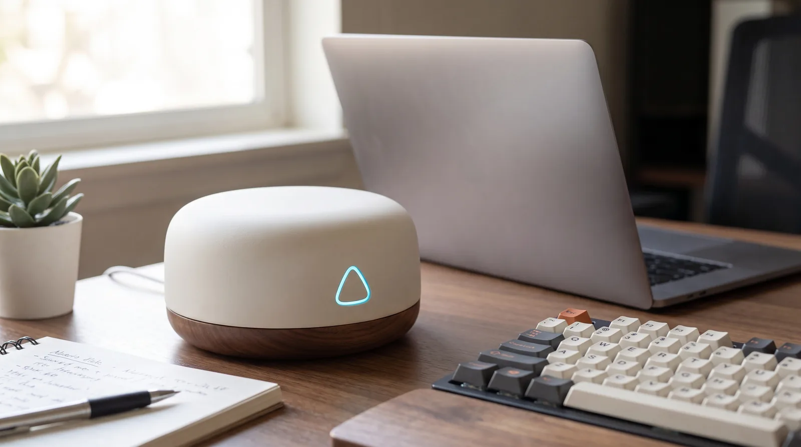 A developer's desk with a laptop and the ALYT hub