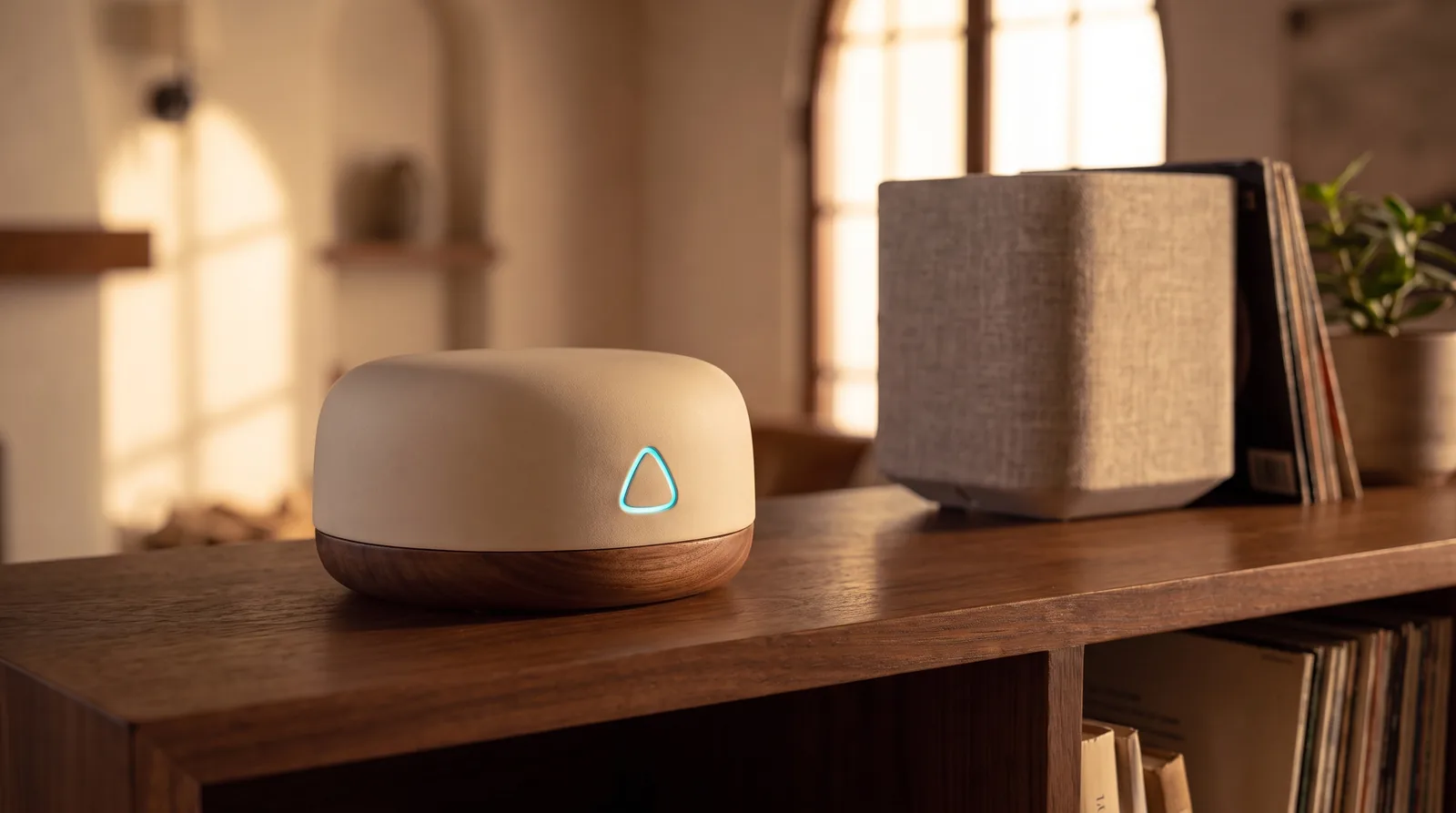 The hub beside a speaker and records