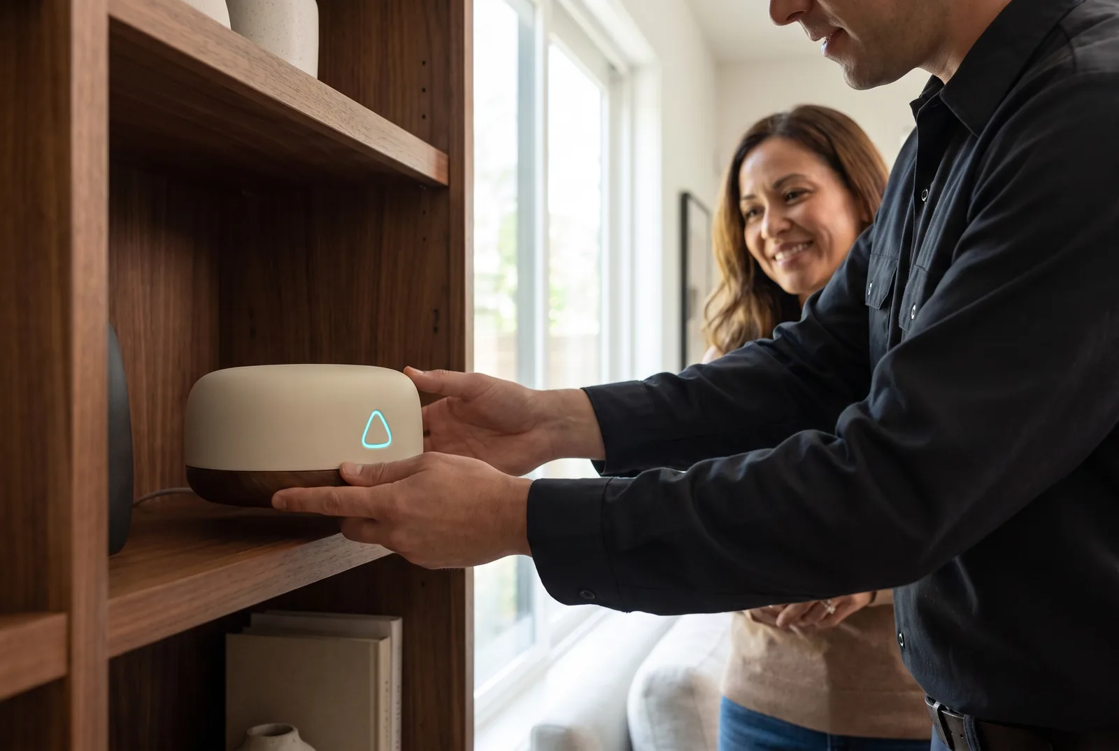 An installer placing the ALYT hub on a shelf while the homeowner watches