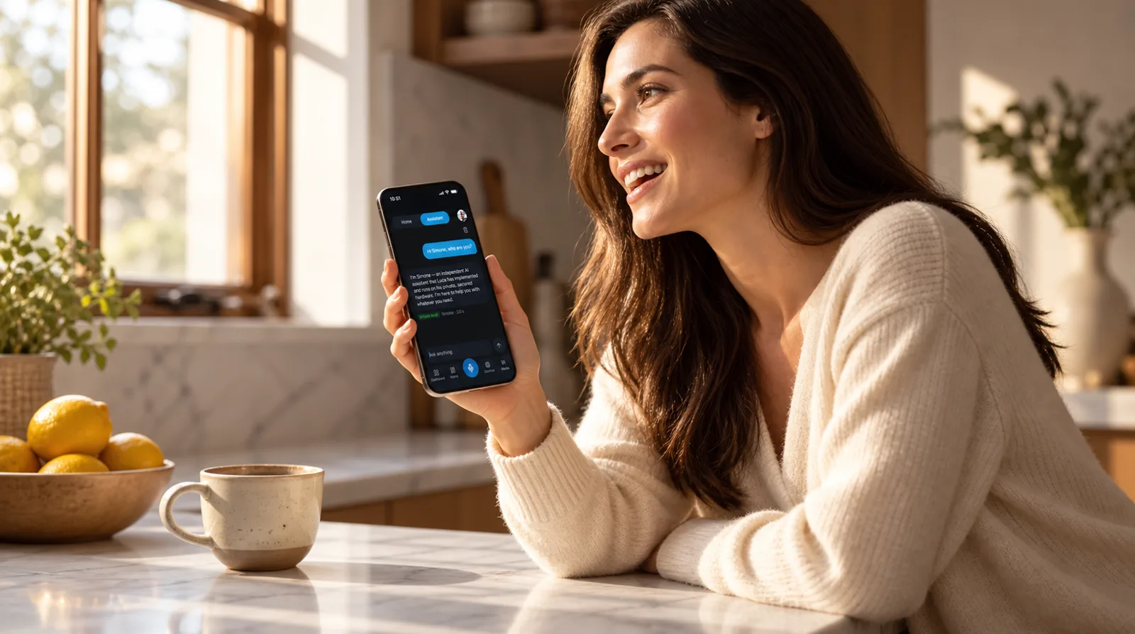 A woman speaking with Simone through the ALYT app on her phone